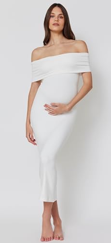 21283jIdEcL.jpg Off The Shoulder Maternity Dress for Pregnancy, Stretchy Fabric Foldover Neckline Ladies Long Maternity Maxi Dress