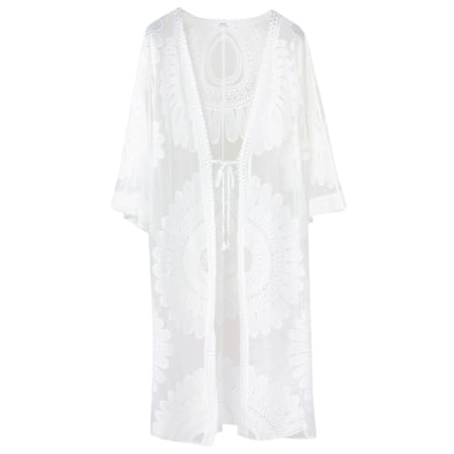 Long White Lightweight Summer Cardigan 2025 Sheer Lace Mesh Crochet Boho Open Front Cover Up Swimsuit Swimwear Bathing Suit