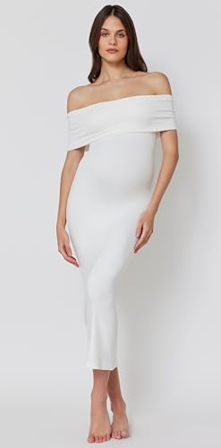 21f9Lkds5QL.jpg Off The Shoulder Maternity Dress for Pregnancy, Stretchy Fabric Foldover Neckline Ladies Long Maternity Maxi Dress