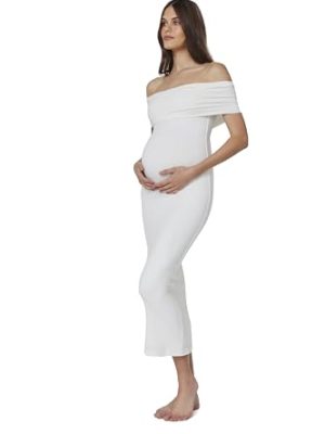 21tCAUUSiL.jpg Off The Shoulder Maternity Dress for Pregnancy, Stretchy Fabric Foldover Neckline Ladies Long Maternity Maxi Dress