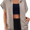 Women's Zip Up Sweatshirts Short Sleeve Lapel Oversized Summer Casual Loose Solid Sweatshirt Jacket with Pockets