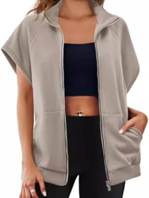 31-BNcURQuL.jpg Women's Zip Up Sweatshirts Short Sleeve Lapel Oversized Summer Casual Loose Solid Sweatshirt Jacket with Pockets