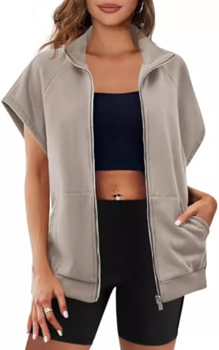 Women's Zip Up Sweatshirts Short Sleeve Lapel Oversized Summer Casual Loose Solid Sweatshirt Jacket with Pockets