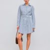 Shirt Dress for Women Casual Collar Neck Striped Button Mini Long Sleeve High Waist Cotton-Blend Dress