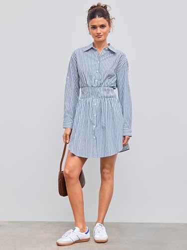 Shirt Dress for Women Casual Collar Neck Striped Button Mini Long Sleeve High Waist Cotton-Blend Dress