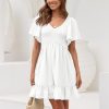 Women's Flowy Casual Mini Dresses 2025 Summer Graduation Smocked V Neck Vacation Dress Dress with Pockets