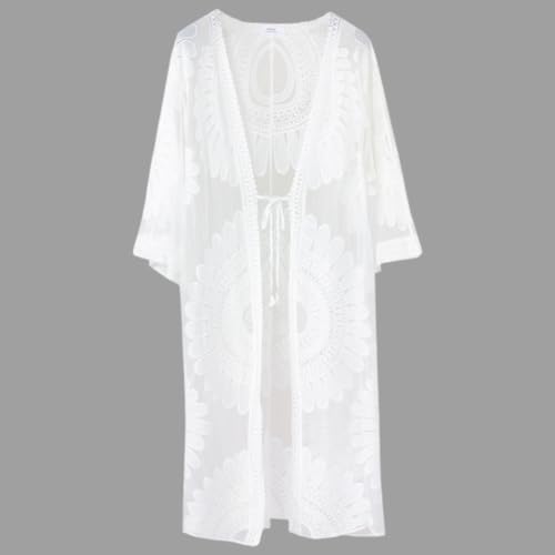 Long White Lightweight Summer Cardigan 2025 Sheer Lace Mesh Crochet Boho Open Front Cover Up Swimsuit Swimwear Bathing Suit