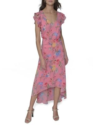 315COAn4a6L.jpg Women's Ruffle Sleeved Midi Printed High Low Dress