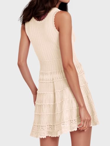 Womens Summer Mini Dresses Casual Crewneck Knitted Crochet Hem Flowy Tank Sundress