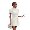 317XssSlBpL.jpg Women's Elegant Bow Backless Hollow Out Mini Dress Turtleneck Short Sleeve Pad Shoulder Dresses for Party Cocktail