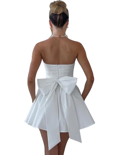 Women's Strapless Mini Dress Ruched Sleeveless Off Shoulder A-Line Pleated Short Dress with Oversized Bow