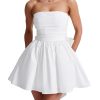 Women's Strapless Mini Dress Ruched Sleeveless Off Shoulder A-Line Pleated Short Dress with Oversized Bow