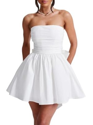 3195rPcnA8L.jpg Women's Strapless Mini Dress Ruched Sleeveless Off Shoulder A-Line Pleated Short Dress with Oversized Bow