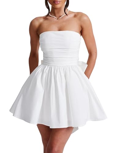Women's Strapless Mini Dress Ruched Sleeveless Off Shoulder A-Line Pleated Short Dress with Oversized Bow