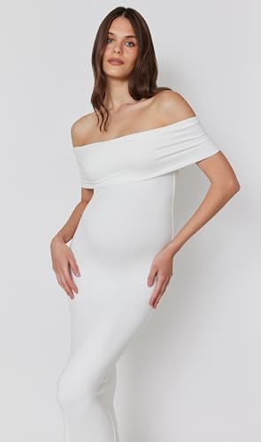 31A8kJRfHKL.jpg Off The Shoulder Maternity Dress for Pregnancy, Stretchy Fabric Foldover Neckline Ladies Long Maternity Maxi Dress