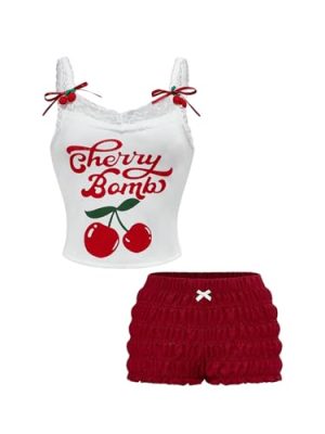 31A8pCTfqVL.jpg Women's 2 Piece Summer Cute Outfits Cherry Letter Print Bow Cami Top Ruched Bloomers Shorts Set