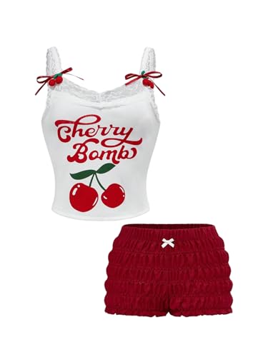 31A8pCTfqVL.jpg Women's 2 Piece Summer Cute Outfits Cherry Letter Print Bow Cami Top Ruched Bloomers Shorts Set