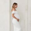 31BrFsP12TL.jpg Off The Shoulder Maternity Dress for Pregnancy, Stretchy Fabric Foldover Neckline Ladies Long Maternity Maxi Dress