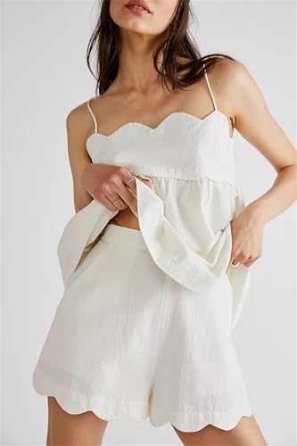 31CfmKB8uqL.jpg Women 2 Piece Casual Lounge Set Sleeveless Strappy Tie Back Cami Top Wide Leg Shorts 2Pcs Summer Pj Set Beachwear