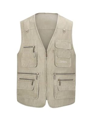 Mens Safari Travel Photo Vest Outdoor Fishing Multi Pocket Jacket Beige
