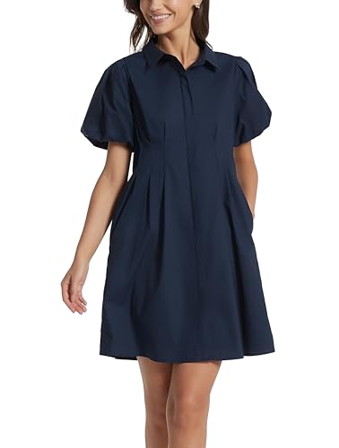 Women's Short Puff Sleeve Shirt Dress Button Down Pleated Mini Dress Summer Casual Short Dresses