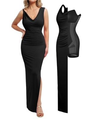 31FMAvwK0CL.jpg Formal Dresses for Women - Shapewear Cowl Neck Maxi Ruched Bodycon Gowns with Slit - Prom Dress Wedding Guest