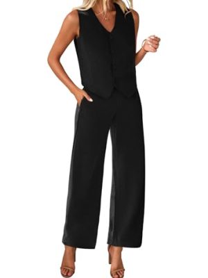 31IZdg3GTmL.jpg Womens Two Piece Outfits Summer Fashion Button V Neck Crop Vest Blazer and Wide Leg Pants Suit Matching Sets