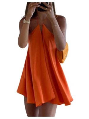 31JKcr8msL.jpg Women's Halter Dress Tie Open Back Twist Sleeveless Flowy A Line Mini Dresses