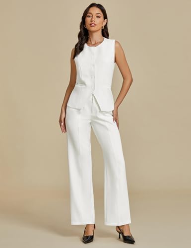 Vest Pants Suits for Women Dressy 2 Piece Business Casual Outfits Sleeveless Blazer Wide Leg Pants Pantsuit Sets