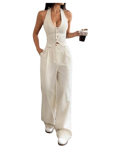 31Jv-QSnlML.jpg Women's 2 Piece Outfits Halter Button Down Vest Crop Tops and High Waisted Pants Set