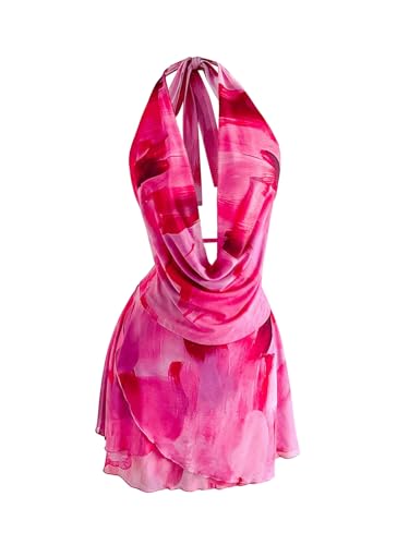 31L6vY-UFL.jpg Women's Tie Dye Mesh Halter Mini Dress Deep V Neck Draped Backless Sleeveless Vacation Summer Dresses