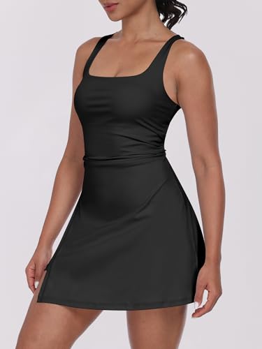 Womens Tennis Dress Built in Shorts Square Neck Sleeveless Workout Athletic Mini Skort Dress Golf Summer Outfits