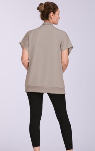 Women's Zip Up Sweatshirts Short Sleeve Lapel Oversized Summer Casual Loose Solid Sweatshirt Jacket with Pockets