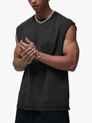 Men's Black Sleeveless Washed Casual Vest Lightweight Muscle Tee for Streetwear Summer OutfitsTank Top