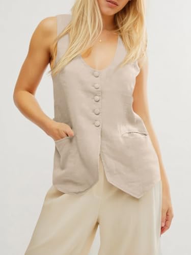 31Mj2TTG1RL.jpg Womens Scoop Neck Blazer Vest Summer Linen Sleeveless Fitted Waistcoat Work Casual Cotton Suit Tops