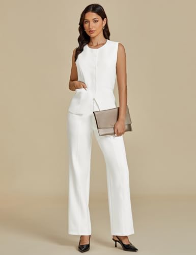 Vest Pants Suits for Women Dressy 2 Piece Business Casual Outfits Sleeveless Blazer Wide Leg Pants Pantsuit Sets