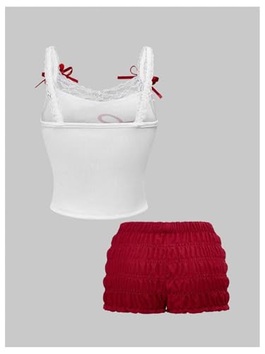 31OJ3PDJ3zL.jpg Women's 2 Piece Summer Cute Outfits Cherry Letter Print Bow Cami Top Ruched Bloomers Shorts Set