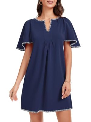 Women's Summer Flutter Short Sleeve A Line Mini Dress Casual Contrast Trim V Neck Short Dress with Pockets