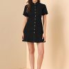 Women's Denim Dress Button Down Pockets Puff Sleeve Collared Jean Dresses