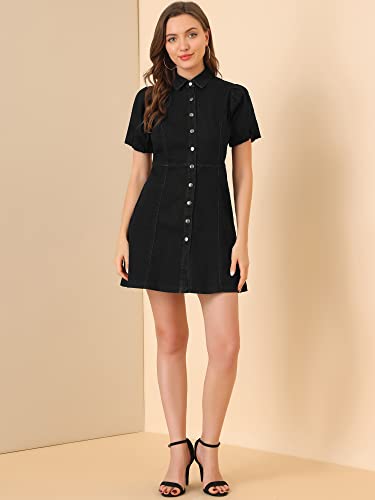 Women's Denim Dress Button Down Pockets Puff Sleeve Collared Jean Dresses