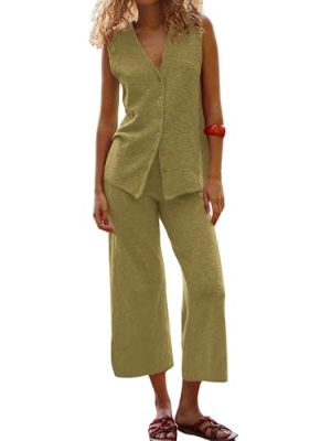 31QWXiLnxL.jpg Women's 2025 Sweater Set Sleeveless Button Down Vest Wide Leg Pants 2 Piece Outfits Summer Casual Matching Loungewear
