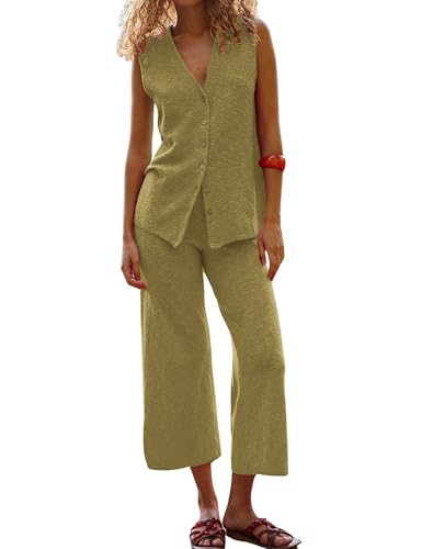 Women's 2025 Sweater Set Sleeveless Button Down Vest Wide Leg Pants 2 Piece Outfits Summer Casual Matching Loungewear
