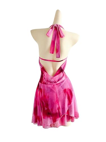 31QovgK0-KL.jpg Women's Tie Dye Mesh Halter Mini Dress Deep V Neck Draped Backless Sleeveless Vacation Summer Dresses