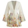 31TNrs9KIL.jpg Dresses for Women Floral Print V Neck Long Sleeve High Waist Knotted Ruffle A Line Mini Dress