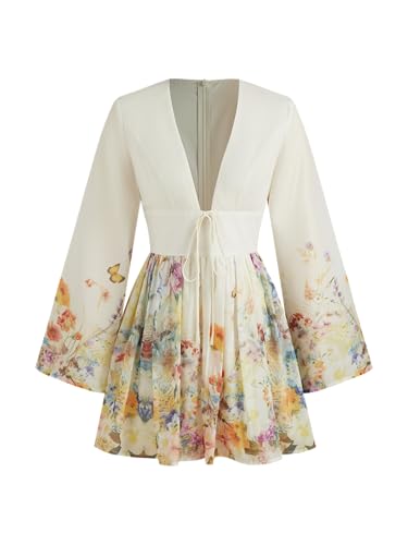 31TNrs9KIL.jpg Dresses for Women Floral Print V Neck Long Sleeve High Waist Knotted Ruffle A Line Mini Dress