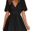 Women Mini Dress Short Puff Sleeve Sexy V Neck Dress A-line Elastic High Waisted Casual Flowy Summer Dresses