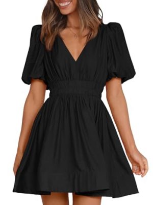 Women Mini Dress Short Puff Sleeve Sexy V Neck Dress A-line Elastic High Waisted Casual Flowy Summer Dresses
