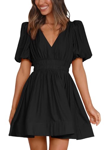 Women Mini Dress Short Puff Sleeve Sexy V Neck Dress A-line Elastic High Waisted Casual Flowy Summer Dresses