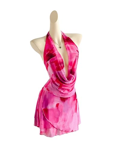 31WRnMMpINL.jpg Women's Tie Dye Mesh Halter Mini Dress Deep V Neck Draped Backless Sleeveless Vacation Summer Dresses