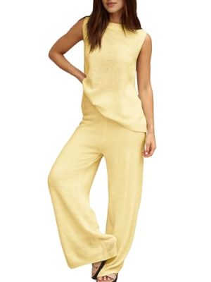 31WgqrjxmvL.jpg Women's 2 Piece Lounge Set Bow Sweater Vest Wide Leg Pants Summer Matching Sets Travel Outfits Knit Tracksuit Sweatsuit